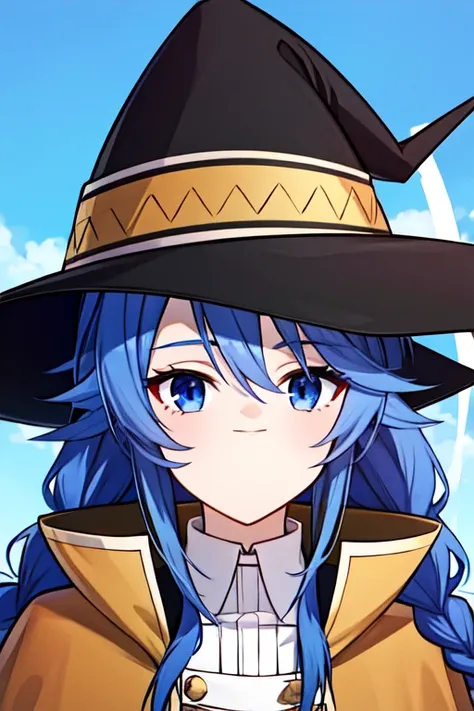 best quality, roxy migurdia, 1girl, bangs, black headwear, blue background, blue eyes, blue hair, braid, brown cape, cape, close-up, floating hair, hair between eyes, hat, long hair, looking at viewer, portrait, solo, water drop, witch hat,