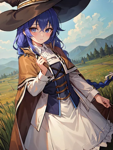 highly detailed background, very detailed background, (best quality), mksks style, roxy migurdia, 1girl, bangs, blue eyes, blue hair, braid, brown cape, hair between eyes, hat, long hair, looking at viewer, solo, witch hat, cowboy shot, outside, grass