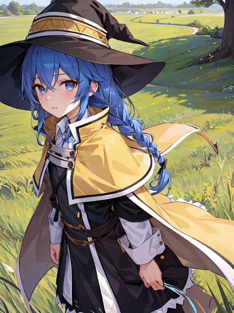 highly detailed background, very detailed background, (best quality), mksks style,  roxy migurdia, 1girl, bangs, blue eyes, blue hair, braid, brown cape, hair between eyes, hat, long hair, looking at viewer, solo, witch hat, cowboy shot, outside, grass