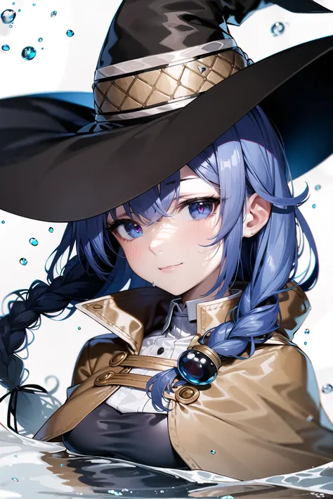 ((masterpiece,best quality)),
roxy migurdia, 1girl, bangs, black headwear, witch hat, blue eyes, blue hair, braid, brown cape, floating hair, hair between eyes, looking at viewer, portrait, water drop, magic
<lora:roxyMigurdiaLora_offset:0.8>