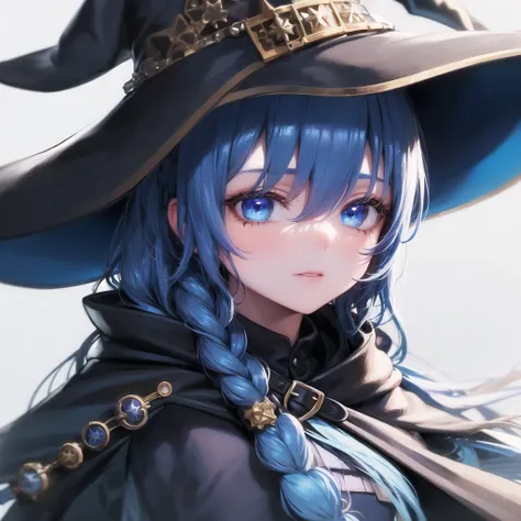 roxy migurdia, 1girl, bangs, black headwear, blue background, blue eyes, blue hair, braid, brown cape, cape, close-up, floating hair, hair between eyes, hat, long hair, looking at viewer, portrait, solo, water drop, witch hat, ((masterpiece)), blue light, blue background <lora:roxy_migurdia_offset:1>