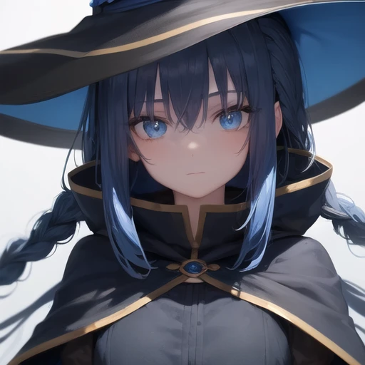 1girl, bangs, black headwear, blue background, blue eyes, blue hair, braid, brown cape, cape, close-up, floating hair, hair between eyes, hat, long hair, looking at viewer, portrait, solo, water drop, witch hat, ((masterpiece)), blue light, blue background <lora:roxy_migurdia_offset:1> , roxyMigurdiaLora_offset