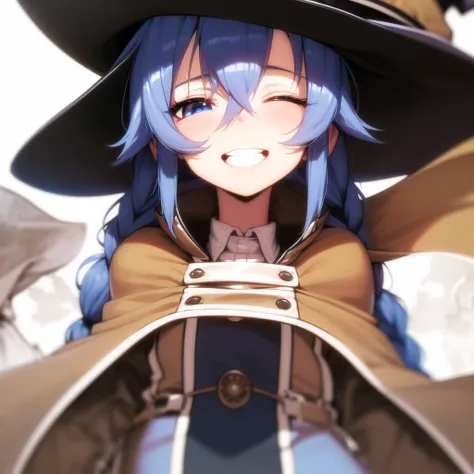 roxy migurdia, masterpiece, best quality, very detailed background, hands on own cheeks, open mouth, eyes closed, clenched teeth, smile, arms behind back, bangs, black headwear, blue eyes, blue hair, braid, brown cape, cape, floating hair, hair between eyes, hat, long hair, witch hat,<lora:roxyMigurdiaLora_offset:1>