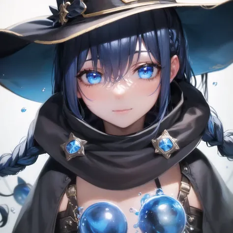 1girl, bangs, black headwear, blue background, blue eyes, blue hair, braid, brown cape, cape, close-up, floating hair, hair between eyes, hat, long hair, looking at viewer, portrait, solo, water drop, witch hat, ((masterpiece)), blue light, blue background <lora:roxy_migurdia_offset:1> , roxyMigurdiaLora_offset