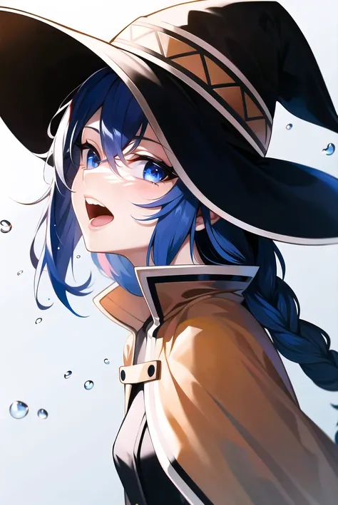 roxy migurdia, 1girl, bangs, black headwear, blue background, blue eyes, blue hair, braid, brown cape, cape, close-up, floating hair, hair between eyes, hat, long hair, looking at viewer, lower teeth only, open mouth, portrait, solo, teeth, water drop, witch hat, ((masterpiece)), blue light, blue background
<lora:roxy_migurdia_offset:1>