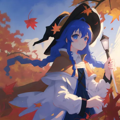 <lora:roxyMigurdiaLora_offset:1>, <lora:lightAndShadow_v10:0.7>, roxy migurdia, ((best quality)), ultra detailed, 8k, 1girl, magical girl, black_headwear, blue_eyes, beautiful detailed eyes, tsurime, blue_hair, long_hair, hat, witch_hat, hair accessories, bangs, crossed bangs, blush, braid, long braid, twin_braids, eyebrows_visible_through_hair, hair_between_eyes, long_sleeves, looking_at_viewer, (dynamic angle), shirt, collared shirt, dress, white dress, cape, brown cape, capelet, brown capelet, holding, holding_staff, smile, solo, upper body, (light_particles), autumn, autumn_leaves, bare_tree, branch, tree, falling leaves, night, sky, starry_sky, twilight, galaxy,