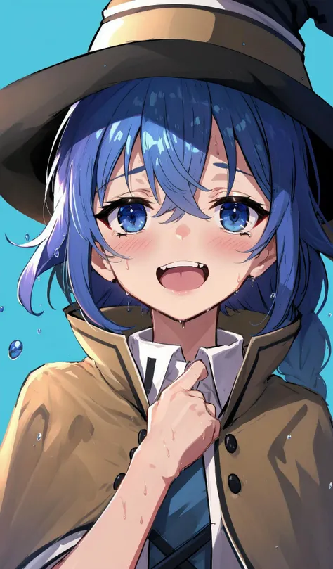 roxy migurdia, 1loli, bangs, black headwear, blue background, blue eyes, blue hair, braid, brown cape, cape, naked cape, close-up, floating hair, hair between eyes, hat, long hair, looking at viewer, portrait, solo, water drop, witch hat, (masterpiece:1.1), blue light, dark blue background, <lora:roxy_migurdia_offset:1>, light-skined, (oiled skin:1.2), shiny skin, body blush, blush, aroused, sweat drops, wet, see through, very thin fabric, open mouth, smile,