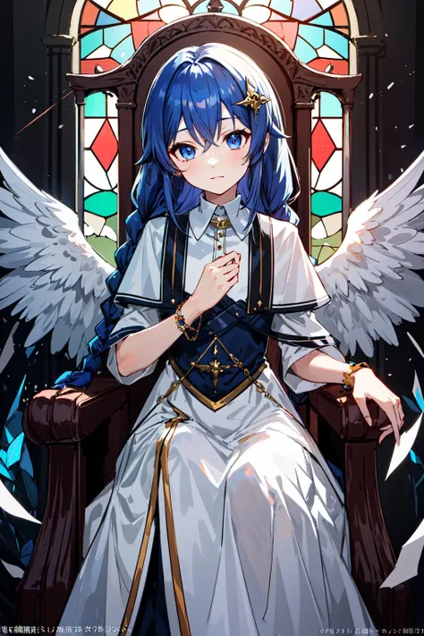 masterpiece, best quality,
roxy migurdia, 1girl, solo, bangs, blue eyes, blue hair, hair between eyes, long hair, low twin braids, petite, tsurime,
angel, white dress, gold trim, hair ornament, bracelet, elegant majestic wings, light rays, glowing eyes, throne, stained glass,
<lora:roxy_migurdia_offset:1>, <lora:add_detail:0.4>