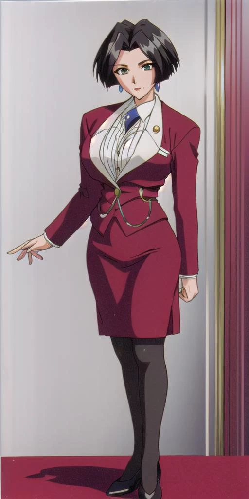 huge_breasts, standing, solo, <lora:ErinaKinjoWonV2:0.7> erinakinjowon, erina_red_skirt_suit, masterpiece, best quality, detailed face, detailed eyes, highres,