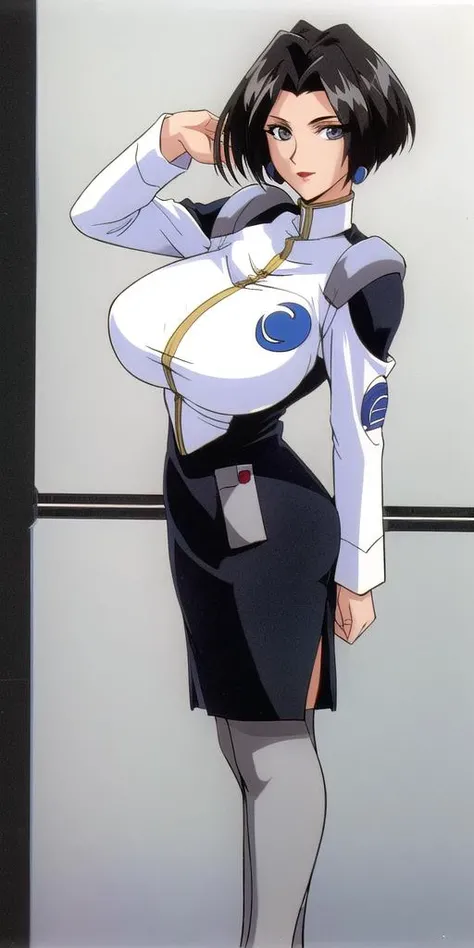 huge_breasts, standing, solo, <lora:ErinaKinjoWonV2:0.7> erinakinjowon, nergal_military_uniform_black_pencil_skirt_grey_thighhighs, masterpiece, best quality, detailed face, detailed eyes, highres,