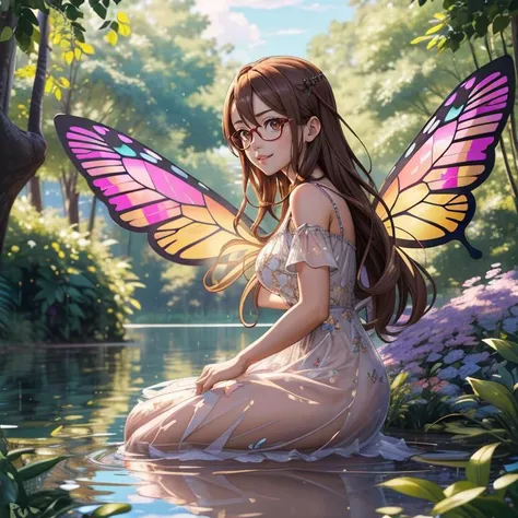 <lora:detail_slider_v4:1>masterpiece, high quality, chiharu, sitting in the forest, <lora:f41rydr3ss:0.8> f41rydr3ss, full body, see-through, dress, butterfly wings, looking into a lake