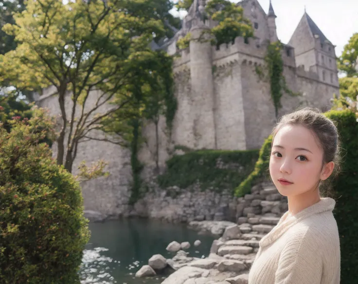 realistic, photorealistic, detailed, beautiful, RAW photo, film grain, (natural lighting :1.2),
portrait, depth of field,
professional photo of a Japanese girl, in beautiful castle