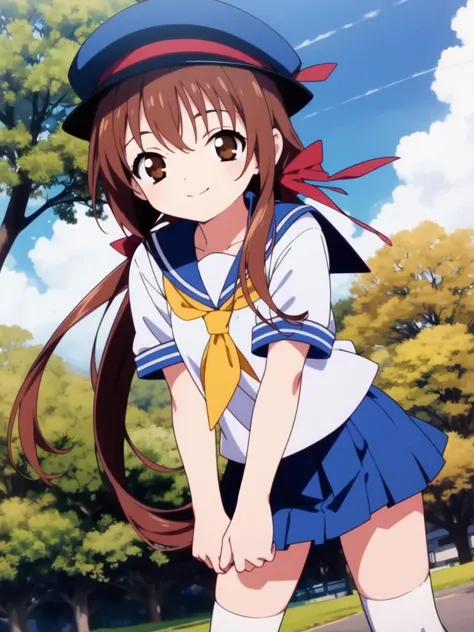 <lora:HayamiAyumi:0.9>HayamiAyumi, 1girl, brown hair, hat, solo, skirt, long hair, school uniform, brown eyes, socks, smile, tree, outdoors, white socks, serafuku, blue skirt, looking at viewer, day, neckerchief, kneehighs, yellow neckerchief, ribbon, sky, cloud, short sleeves, pleated skirt, blue headwear, standing, child,
((((masterpiece)))), high quality, very_high_resolution, large_filesize, full color, 2005s \(style\), anime, anime_screencap, animated gif, mp4 ,video, animated,