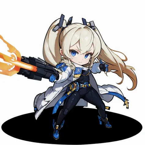 masterpiece, best quality, 1girl, solo, standing, cute, chibi, <lora:DarkCabalChibiStyle:1> white background, simple background, <lora:laplace-nvwls-v1-final:1> laplace, hair ornament, white coat, belt, black bodysuit, fur trim, gloves, cannon, huge weapon, holding weapon, holding cannon, gun