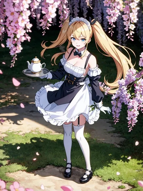 1girl, solo, full_body, <lora:laplace-nvwls-v1:0.8>, laplace, blonde hair, hair ornament, belt, gloves, mary janes, ahoge, apron, architecture, bangs, bare_shoulders, bell, black_dress, black_footwear, blue_sky, branch, breasts, cherry_blossoms, cup, dango, day, detached_sleeves, dress, east_asian_architecture, enmaided, falling_petals, flower, frills, garter_straps, hanami, holding, holding_tray, long_sleeves, looking_at_viewer, maid, maid_apron, maid_headdress, medium_breasts, outdoors, petals, petals_on_liquid, pink_flower, plate, shoes, smile,solo, spring_\(season\), standing, teacup, teapot, thighhighs, tray, tree, waist_apron, white_apron, white_legwear, wind, wind_lift, wisteria, <lora:add_detail:0.1>, <lora:outline:0.2>,, weird atmosphere, (best quality:1.1), (masterpiece:1.2), high quality shadow, beautiful detailed, (high detailed skin, skin details), (wide_landscape, 8k), beautiful face, detailed eyes, depth of field, dramatic light, best quality, highres, best shadow, best illumination,