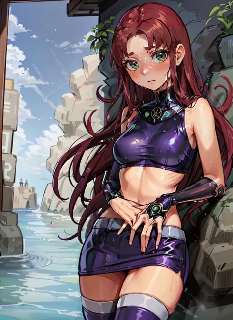 ((best quality)), ((highly detailed)), masterpiece, absurdres, (detailed eyes, deep eyes), (1girl), dutch_angle, cowboy shot, <lora:DC_Starfire-DEF:.65>, starfire, red hair, long hair, green eyes, colored sclera, <lora:coloredSkin:0.2>, colored skin, ((orange skin)), crop top, miniskirt, vambraces, thighhighs, (outside, at the coast, horizon, <lora:Concept_RockyBackdrop:1>, rocky backdrop, rocks in the water, <lora:WetHair:.6>, wet hair, dawn)