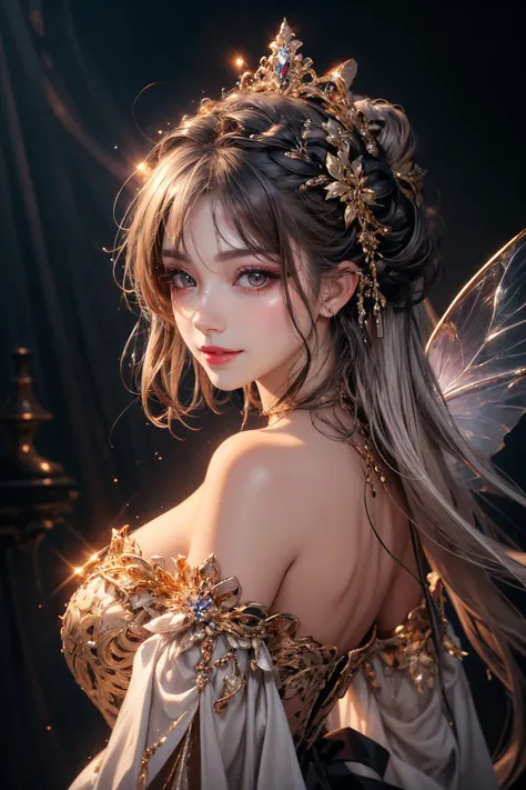 1girl,(bright red lips,blush,powder blusher:0.5),eyelash,black hair,(half updo:0.3),messy hair,make up,beautifully detailed big round dark brown eyes,double eyelid,supermodel,detailed skin,(smile,parted lips),looking at viewer,
huge breasts,off shoulder,(cowboy shot,),choker,
(((gold, silver, glimmer)), faerie),limited palette,contrast,phenomenal aesthetic,best quality,sumptuous artwork,
<lora:cumbersome-block:0.8:lbw=NOFACE>,
masterpiece,best quality,high quality,highres,natural light,ray tracing,volumetric light,realistic,photorealistic,ultra highres,vivid,<lora:add_detail:0.6>,<lora:epi_noiseoffset2:1>,