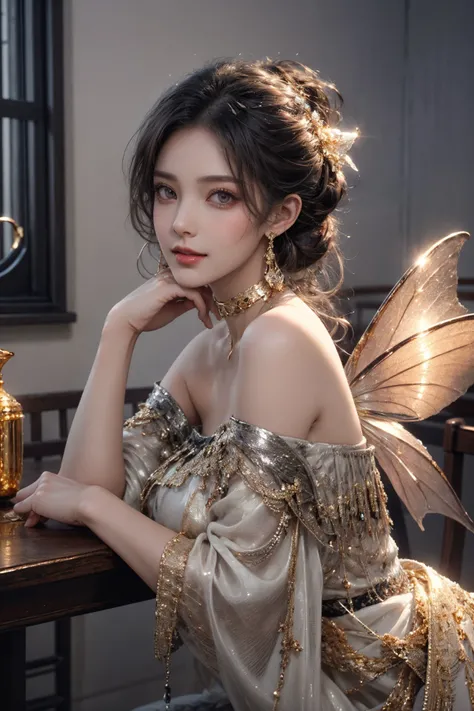 1girl,(bright red lips,blush,powder blusher:0.5),eyelash,black hair,(half updo:0.3),messy hair,make up,beautifully detailed big round dark brown eyes,double eyelid,supermodel,detailed skin,(smile,parted lips),looking at viewer,
huge breasts,off shoulder,(cowboy shot,),choker,
(((gold, silver, glimmer)), faerie),limited palette,contrast,phenomenal aesthetic,best quality,sumptuous artwork,
<lora:cumbersome-block:0.8:lbw=NOFACE>,
masterpiece,best quality,high quality,highres,natural light,ray tracing,volumetric light,realistic,photorealistic,ultra highres,vivid,<lora:add_detail:0.6>,<lora:epi_noiseoffset2:1>,