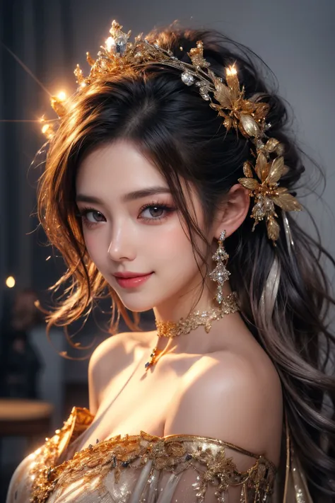 1girl,(bright red lips,blush,powder blusher:0.5),eyelash,black hair,(half updo:0.3),messy hair,make up,beautifully detailed big round dark brown eyes,double eyelid,supermodel,detailed skin,(smile,parted lips),looking at viewer,
huge breasts,off shoulder,(cowboy shot,),choker,
(((gold, silver, glimmer)), faerie),limited palette,contrast,phenomenal aesthetic,best quality,sumptuous artwork,
<lora:cumbersome-block:0.8:lbw=NOFACE>,
masterpiece,best quality,high quality,highres,natural light,ray tracing,volumetric light,realistic,photorealistic,ultra highres,vivid,<lora:add_detail:0.6>,<lora:epi_noiseoffset2:1>,