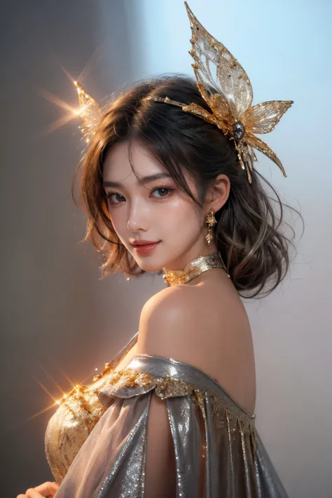 1girl,(bright red lips,blush,powder blusher:0.5),eyelash,black hair,(half updo:0.3),messy hair,make up,beautifully detailed big round dark brown eyes,double eyelid,supermodel,detailed skin,(smile,parted lips),looking at viewer,
huge breasts,off shoulder,(cowboy shot,),choker,
(((gold, silver, glimmer)), faerie),limited palette,contrast,phenomenal aesthetic,best quality,sumptuous artwork,
<lora:cumbersome-block:0.8:lbw=NOFACE>,
masterpiece,best quality,high quality,highres,natural light,ray tracing,volumetric light,realistic,photorealistic,ultra highres,vivid,<lora:add_detail:0.6>,<lora:epi_noiseoffset2:1>,