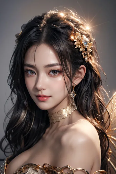 1girl,(bright red lips,blush,powder blusher:0.5),eyelash,black hair,(half updo:0.3),messy hair,make up,beautifully detailed big round dark brown eyes,double eyelid,supermodel,detailed skin,(smile,parted lips),looking at viewer,
huge breasts,off shoulder,(cowboy shot,),choker,
(((gold, silver, glimmer)), faerie),limited palette,contrast,phenomenal aesthetic,best quality,sumptuous artwork,
<lora:cumbersome-block:0.8:lbw=NOFACE>,
masterpiece,best quality,high quality,highres,natural light,ray tracing,volumetric light,realistic,photorealistic,ultra highres,vivid,<lora:add_detail:0.6>,<lora:epi_noiseoffset2:1>,