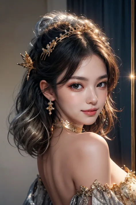 1girl,(bright red lips,blush,powder blusher:0.5),eyelash,black hair,(half updo:0.3),messy hair,make up,beautifully detailed big round dark brown eyes,double eyelid,supermodel,detailed skin,(smile,parted lips),looking at viewer,
huge breasts,off shoulder,(cowboy shot,),choker,
(((gold, silver, glimmer)), faerie),limited palette,contrast,phenomenal aesthetic,best quality,sumptuous artwork,
<lora:cumbersome-block:0.8:lbw=NOFACE>,
masterpiece,best quality,high quality,highres,natural light,ray tracing,volumetric light,realistic,photorealistic,ultra highres,vivid,<lora:add_detail:0.6>,<lora:epi_noiseoffset2:1>,