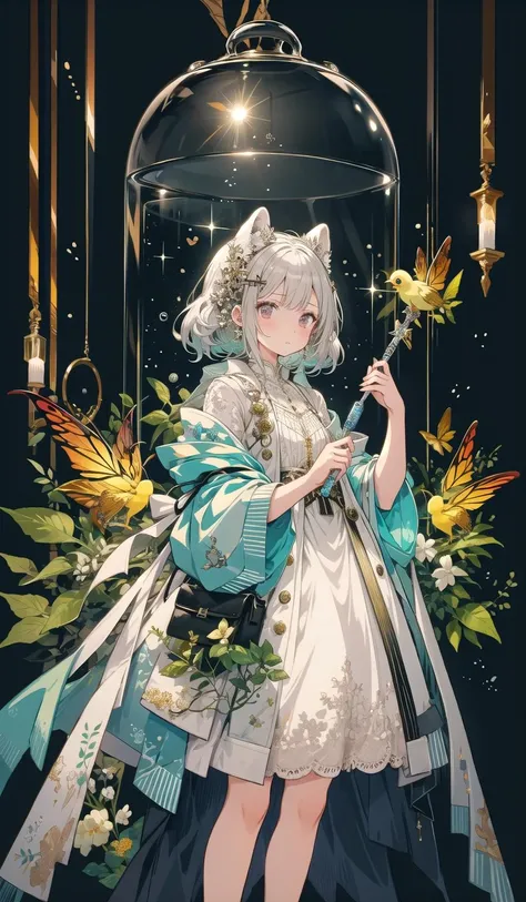 (((golden, silver, glimmer)), faerie), limited palette, contrast, phenomenal aesthetic, best quality, sumptuous artwork,
(masterpiece), (best quality), (ultra-detailed),(((illustration))), ((an extremely delicate and beautiful)),(detailed light), 1girl,cold theme,neon palette theme,chaos theme,red theme,ruins, broken glass, broken wall,endlese,Boss,white background,(1girl:1.3)aqua theme,white hair,blinking,white dress,wolf ears,spire,closed mouth,color edtips,constel lation,flat color,noline art,fish print, cloud, paper fish,full Glass sphere,girl inside glass sphere,white hair,blinking,white robe,bust \(sculpture\),spire,book,bookshelf,closed mouth,color edtips,constel lation,flat color,holding,holding wand,suit jacket,looking up,standing,male focus,multicolored hair,noline art,red hair,orbital path,water drop,dress,medium hair,standing,solo,space,universe,Glass sphere interior,starwand,stuffed anima,stuffed bunny,stuffed toy,utaite(singer),wand1,whitefootwear,white dress
 <lora:cumbersome-block:1>