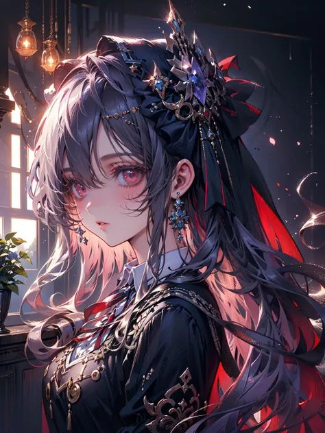 ((masterpiece)), ((ultra-detailed)), pixiv, best shadows, best lighting, best quality, absurdres, highres, cinematic shot, rim lighting, extremely detailed, 1girl, red gemstones, jewelry, solo, black hair, scar, school uniform, scar on face, scar on cheek, red eyes, shirt, long hair, pinafore dress, white shirt, ringed eyes, ribbon, from side, collared shirt, profile, looking at viewer, bangs, upper body, black ribbon, dress, sideways glance, parted lips, neck ribbon, medium hair  <lora:cumbersome-block:1>