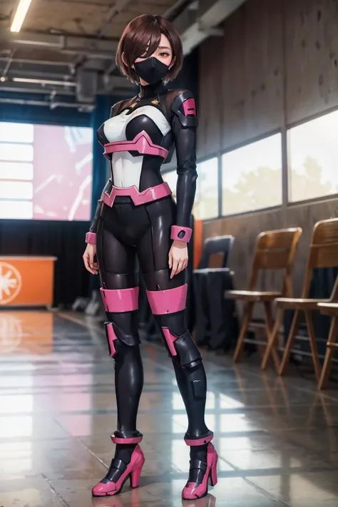 8K,highres,absurdres,masterpiece,best quality,original,extremely detailed CG,extremely detailed wallpaper,perfect lighting,<lyco:GoodHands-beta2:1>,1girl,blurry_background,looking_at_viewer,standing,
<lora:srw_emi:0.7>,srw_emi,mask,body suit,hair over one eye,short hair,brown eyes,