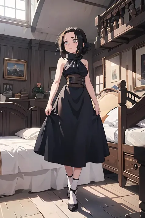 (masterpiece, best quality), 1girl, <lora:Agata_LoRA:1> AgataWitch, black dress, bedroom, full body,