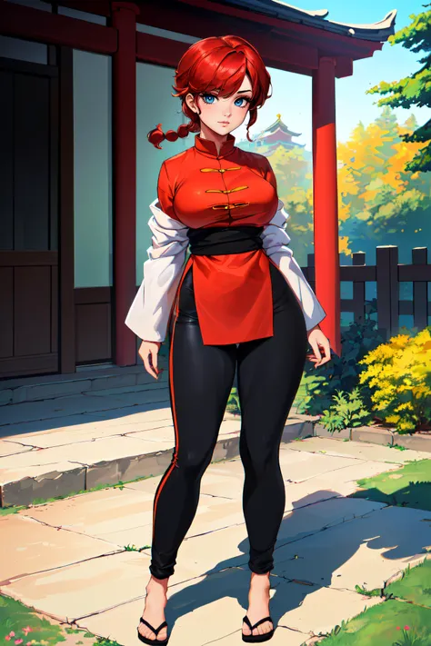 (masterpiece, best quality, ultra detailed, absurdres:1.5), 1girl, (sexy, beautiful woman, perfect face, perfect eyes, perfect female body:1.5), (femaleranma, braided ponytail, red hair, chinese clothes, tangzhuang, black pants, <lora:ranmahalf_femaleranma:1>), (full body, standing, outdoors, Japanese dojo in background), perfect lighting, smooth, hdr