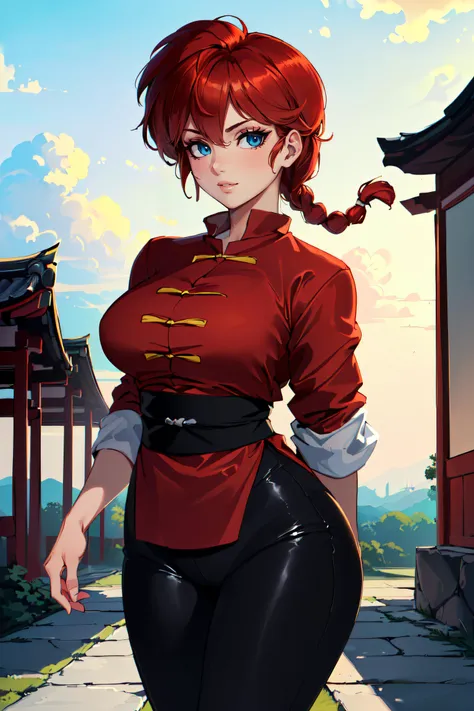 (masterpiece, best quality, ultra detailed, absurdres:1.5), 1girl, (sexy, beautiful woman, perfect face, perfect eyes, perfect female body:1.5), (femaleranma, braided ponytail, red hair, chinese clothes, tangzhuang, black pants, <lora:ranmahalf_femaleranma:1>), (standing, outdoors, Japanese dojo in background), perfect lighting, smooth, hdr