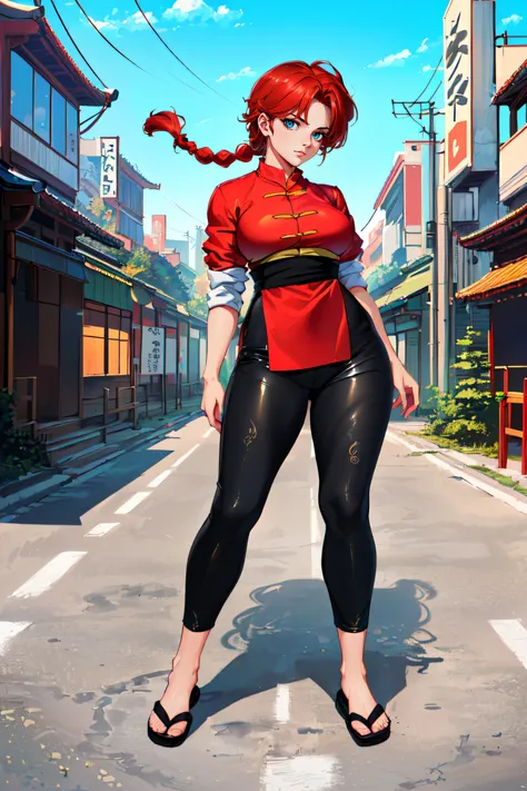 (masterpiece, best quality, ultra detailed, absurdres:1.5), 1girl, (sexy, beautiful woman, perfect face, perfect eyes, perfect female body:1.5), (femaleranma, braided ponytail, red hair, chinese clothes, tangzhuang, black pants, <lora:ranmahalf_femaleranma:1>), (full body, fighting stance, outdoors, Japanese city in background), perfect lighting, smooth, hdr