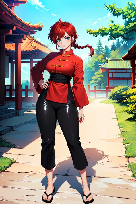 (masterpiece, best quality, ultra detailed, absurdres:1.5), 1girl, (sexy, beautiful woman, perfect face, perfect eyes, perfect female body:1.5), (femaleranma, braided ponytail, red hair, chinese clothes, tangzhuang, black pants, <lora:ranmahalf_femaleranma:1>), (full body, standing, outdoors, Japanese dojo in background), perfect lighting, smooth, hdr