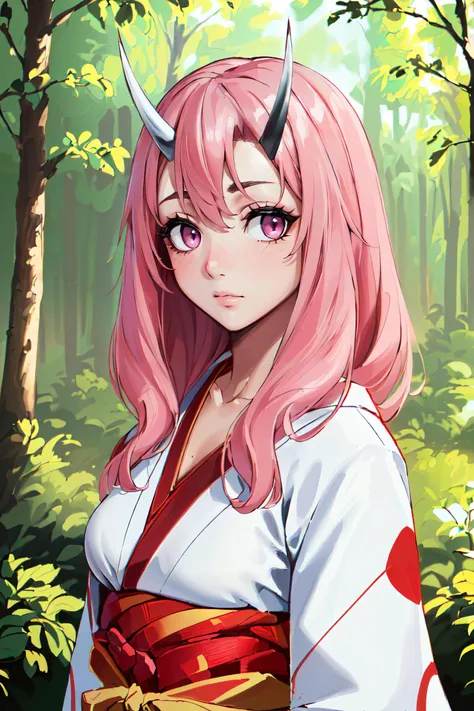 (masterpiece, best quality, ultra detailed, absurdres:1.5), 1girl, (sexy, beautiful woman, perfect face, perfect eyes, perfect female body, small breasts:1.5), (red and white kimono, long hair, pink hair, horns, <lora:Shuna:0.7>, <lora:NSFWFilter:-1>), (standing, outdoors, forest), perfect lighting, smooth, hdr