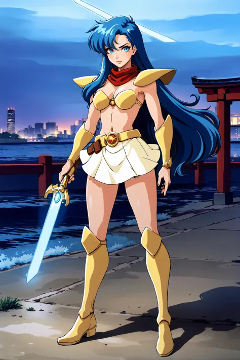 (masterpiece, best quality, ultra detailed, absurdres:1.5), 1girl, (sexy, beautiful woman, perfect face, perfect eyes, perfect female body:1.5), (YuukoAsou, blue hair, long hair, red scarf, gold bikini armor, strapless, pauldrons, bracer, belt,g em, white skirt, gold knee boots, gold armored boots, energy sword, <lora:YuukoAsou004:0.7>), (standing, outdoors, Japanese city in background), perfect lighting, smooth, hdr