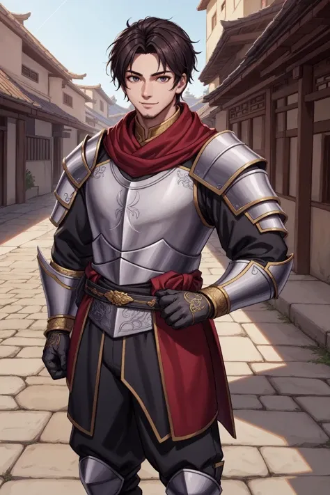 masterpiece,best quality,highres,original,game cg,illustration,
((1boy as handsome manly chinese knight)) with detailed eyes and glossy eyes,
in morning outdoors in medieval chinese city with pavement,
(painterly,cel shading,depth of field),fine details,authentic,photorealistic,
cowboy shot,medium shot,(solo,male focus,solo focus),face focus,
(he wears ornate steel chinese armor and armored pants and scarf and chinese pattern) and gloves and armored boots,
(looking at viewer),confident,cool,light smile,upright,
sharp,outline,cinematic lighting,fantasy,baroque,
<lora:add_detail:0.3>,