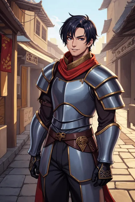 masterpiece,best quality,highres,original,game cg,illustration,
((1boy as handsome manly chinese knight)) with detailed eyes and glossy eyes,
in morning outdoors in medieval chinese city with pavement,
(painterly,cel shading,depth of field),fine details,authentic,photorealistic,
cowboy shot,medium shot,(solo,male focus,solo focus),face focus,
(he wears ornate steel chinese armor and armored pants and scarf and chinese pattern) and gloves and armored boots,
(looking at viewer),confident,cool,light smile,upright,
sharp,outline,cinematic lighting,fantasy,baroque,
<lora:add_detail:0.3>,