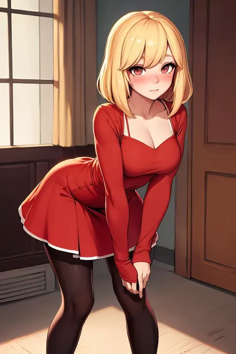 (masterpiece, best quality), 1girl, blonde hair, red dress, pantyhose, cute face, blush,