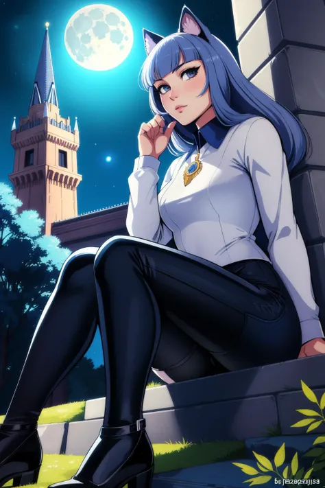 1girl, art by Jamie McKelvie, knee level shot of a Friendly Average (Russian Blue Cat:1.2) , Tower of Hercules in background, foliage, Moon in the night, soft focus, Horror, Animecore, spotlit, Provia, sleek, woman