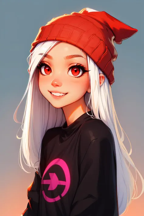 upper body, 1girl, solo, pretty girl, smile, (very long hair, white hair), (red eyes), detailed eyes, beanie, sporty top, simple gradient background <lora:samdoesarts_LoKr_v1-0-1-000020:0.8>