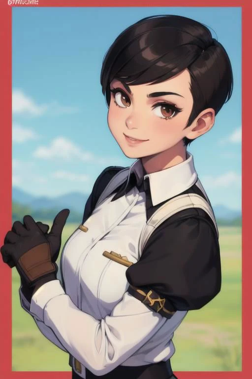 spiky bald hairstyle, short hair, mexican skin, gloves, uniform military, 1girl ,dark black hair, ((hair cut super short,)), soft Brown eyes, smile lips,