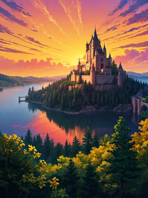 masterpiece, best quality, highres, extremely detailed, (cg illustration),
((scenery, a european castle on a hill by a lake)), trees, summer leaves, mountains in far background, yellow color, red color, sunset, 
((painterly, depth of field)), fine details, authentic, wide shot, medium shot,
(sharp, cel shading), outline, dynamic lighting, toon \(style\), fantasy, baroque, traditional media, impressionism, 
<lora:add_detail:0.3>,