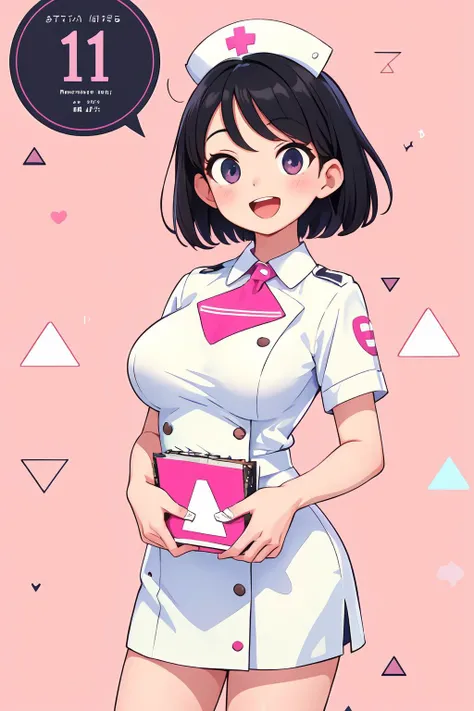masterpiece, best quality, highres, 1girl, :D, (milf), black hair, large breasts, short hair, white nurse outfit, standing, (doujin cover, pink triangle pattern background)