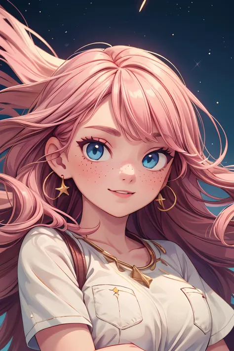 blue eyes,mature,adult,(extremely detailed eyes:0.9),(masterpiece, best quality, hires, high resolution),(intricate details,extremely detailed,realistic,vibrant colors,film grain),(high detailed skin:1.2),detailed background,1girl,portrait,(freckles:0.88),natural skin,(laughing:0.8),(smoulder:0.9),(medium breasts:0.8),(bangs,messy hair,long hair),short sleeves,<lora:add_detail:1>,<lora:weight_slider_v2:0.5>,make up,hair behind ears,pocket,windy,A starlit desert,where the sands shimmer with celestial particles.pink hair,