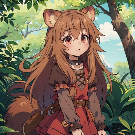 dynamic pose,
look at viewer, raphtalia /(loli/), brown hair, long hair, raccoon ears, tail /(raccoon tail/), red eyes, brown belt, red dress, (ruffles:0.7), puffy sleeves, short dress, cute, young
outdoor, <lora:raphtalia:0.6> ,raphtalia,bangs,long_hair,brown_hair,animal_ears,raccoon_girl,raccoon_ears,hair_between_eyes,animal_ear_fluff,,long_sleeves,