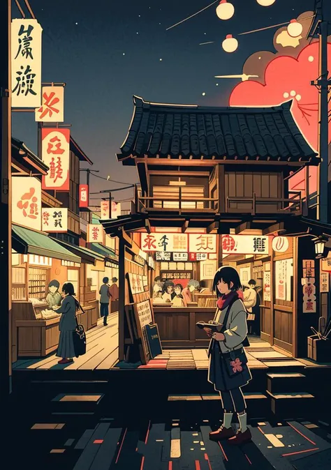 woodblock print, NewTokyoWoodblock, city street in japan, dark theme, night time, neon lights