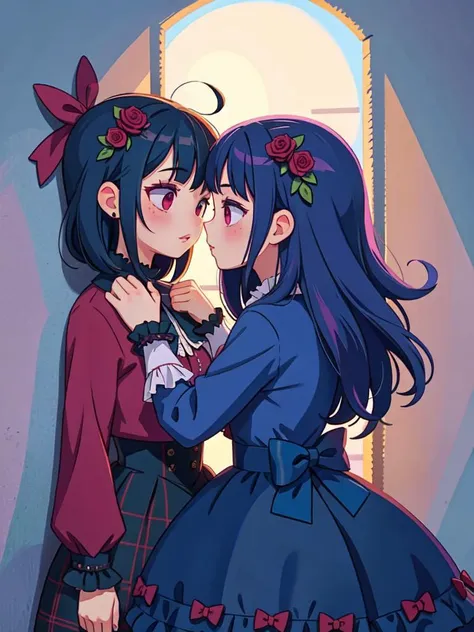 (masterpiece, best quality, detailed:1.5), <lora:kabedon_from_side_retry:0.8> kabedon against wall, 2girls, GothGal, wearing a GothGal outfi, dress, ribbon, frills, indoor, romantic lighting, (imminent kiss:0.9), <lora:edgGothGal_MINI:0.8>