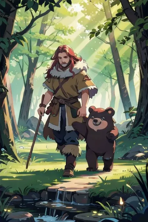 A druid from THE DnD WALKS THROUGH THE FOREST WITH A BEAR.