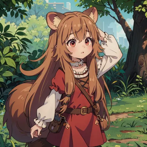 dynamic pose,
look at viewer, raphtalia /(loli/), brown hair, long hair, raccoon ears, tail /(raccoon tail/), red eyes, brown belt, red dress, (ruffles:0.7), puffy sleeves, short dress, cute, young
outdoor, <lora:raphtalia:0.6> ,raphtalia,bangs,long_hair,brown_hair,animal_ears,raccoon_girl,raccoon_ears,hair_between_eyes,animal_ear_fluff,,long_sleeves,